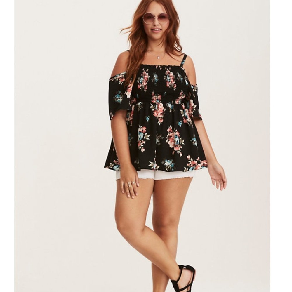 Torrid Floral Print Smocked Cold Shoulder Top